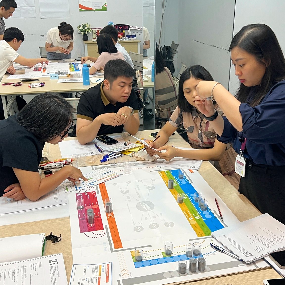 Nhóm quản lý cùng tính toán phương án trên bàn cờ mô phỏng